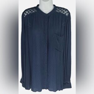 Free People 💙 L Blue Long Sleeve Button Up Crochet Back Top Blouse